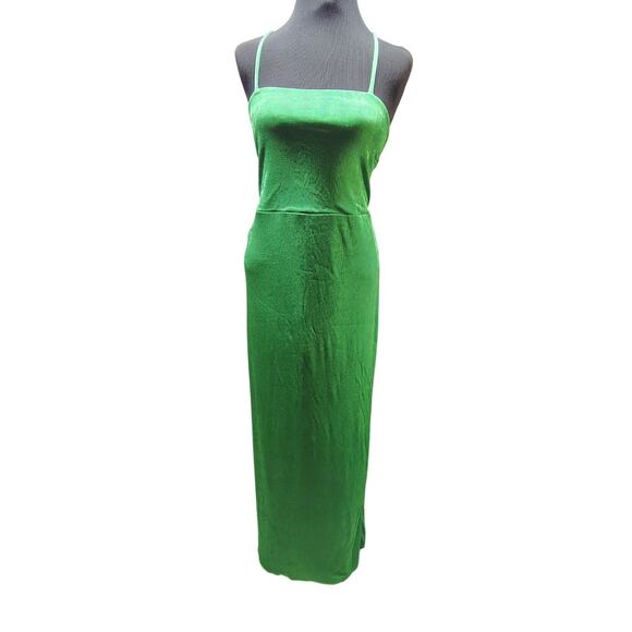 wild fable Dresses & Skirts - Wild Fable Y2K Vtg Emerald Satin Lace Up Back Midi Dress Side Slit Women's Large